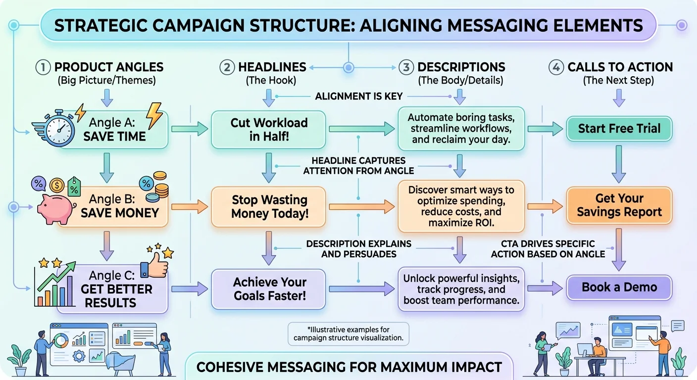 Ad copy structure diagram showing how product angles connect to headlines and CTAs