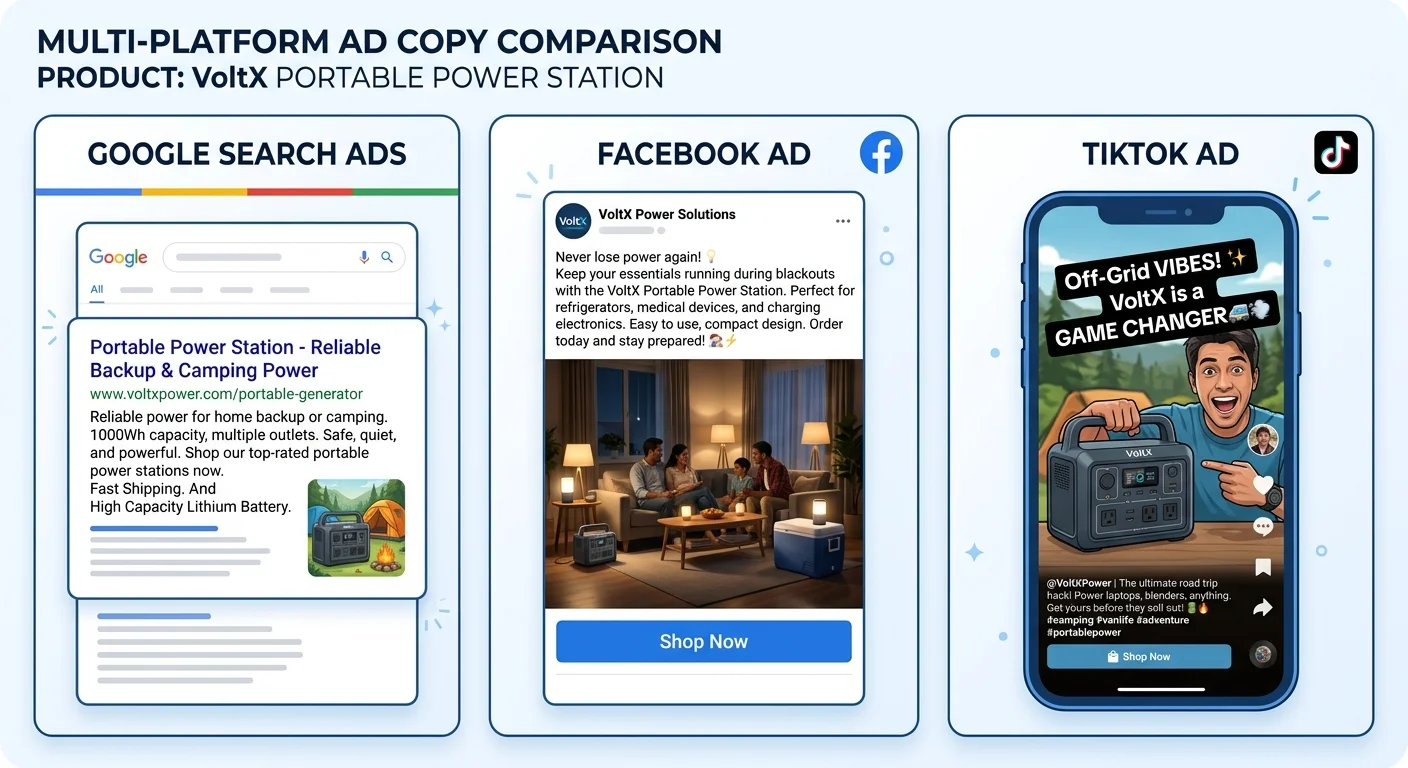 Three platform comparison showing different ad copy approaches for the same product
