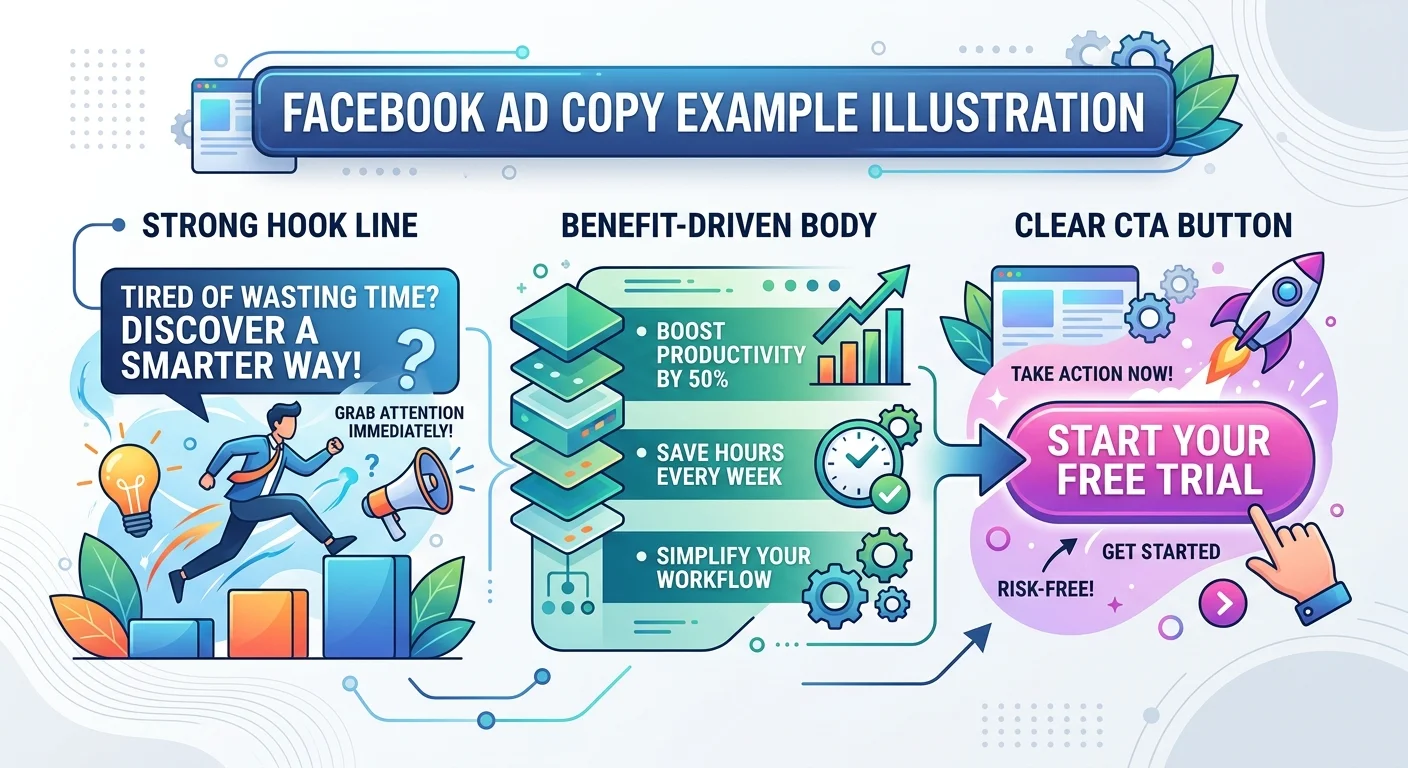 Example of well-structured Facebook ad copy with highlighted hook, body, and call to action