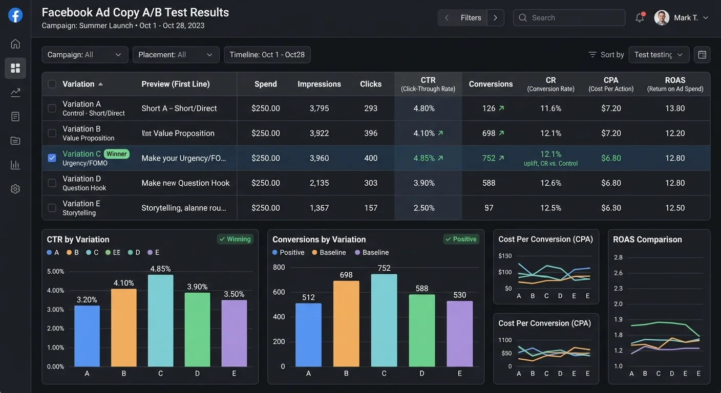 Facebook Ads Manager showing split test performance data for different ad copy versions