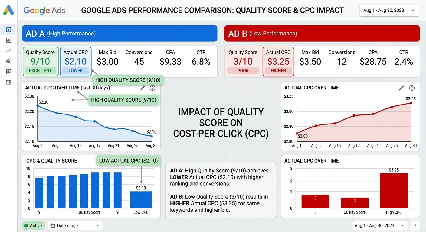 Google Ads Quality Score comparison showing how ad copy affects cost per click