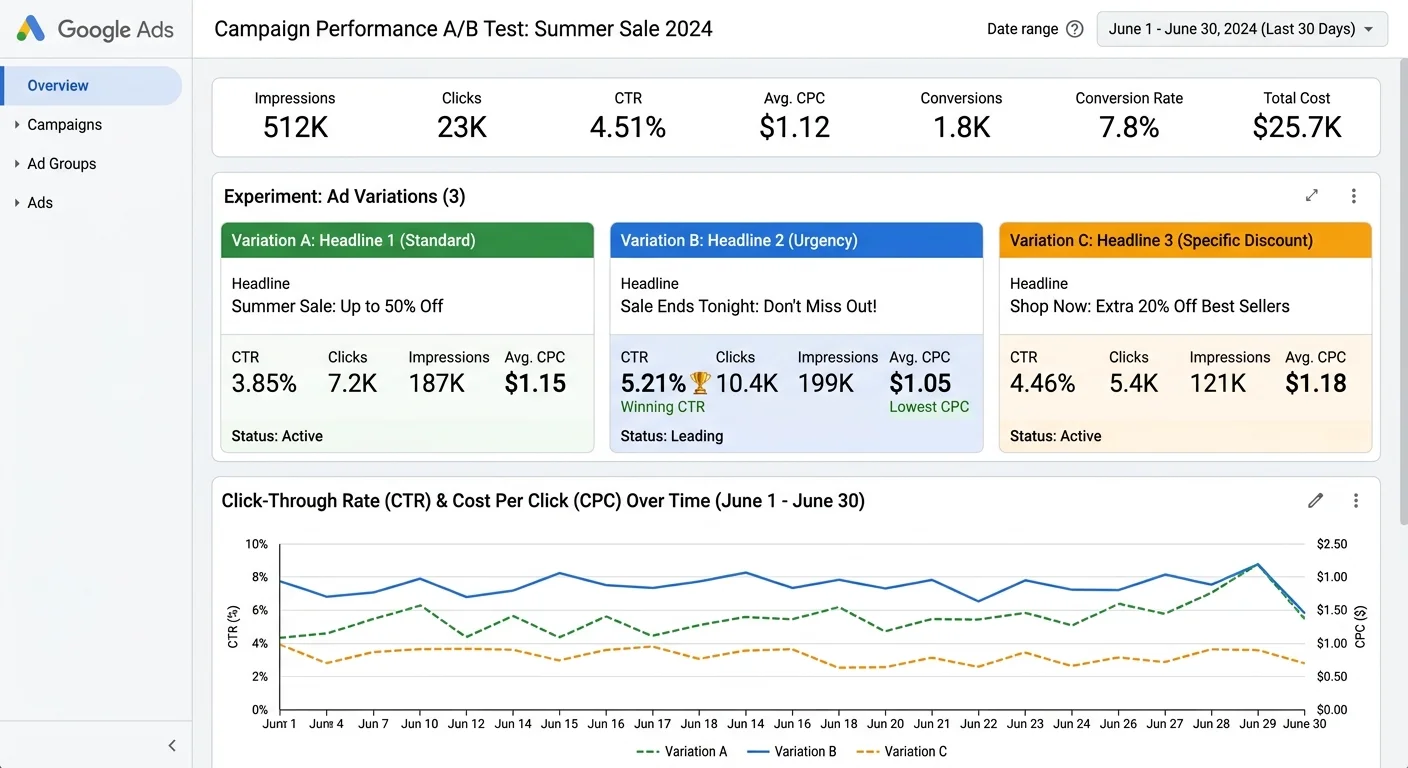Google Ads A/B testing framework comparing ad copy performance