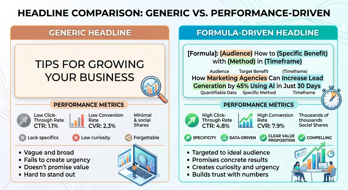 Comparison of weak versus strong ad headline examples with click-through rate data