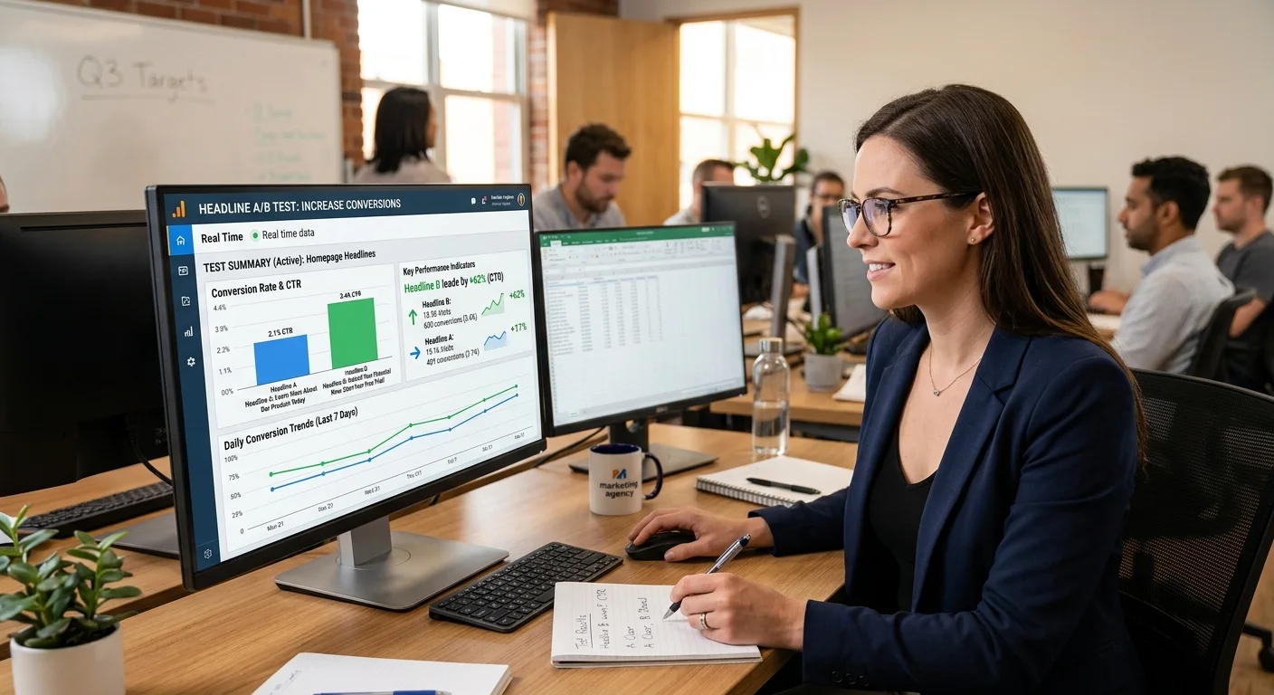 Analytics dashboard displaying click-through rate comparisons for different ad headline variations