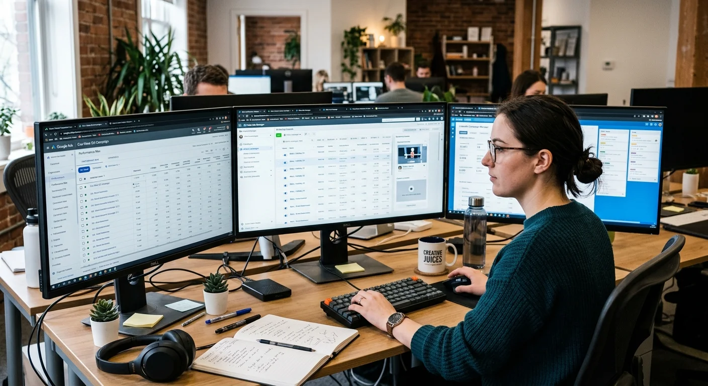 Ad copywriter reviewing Google and Facebook ad campaigns on a laptop