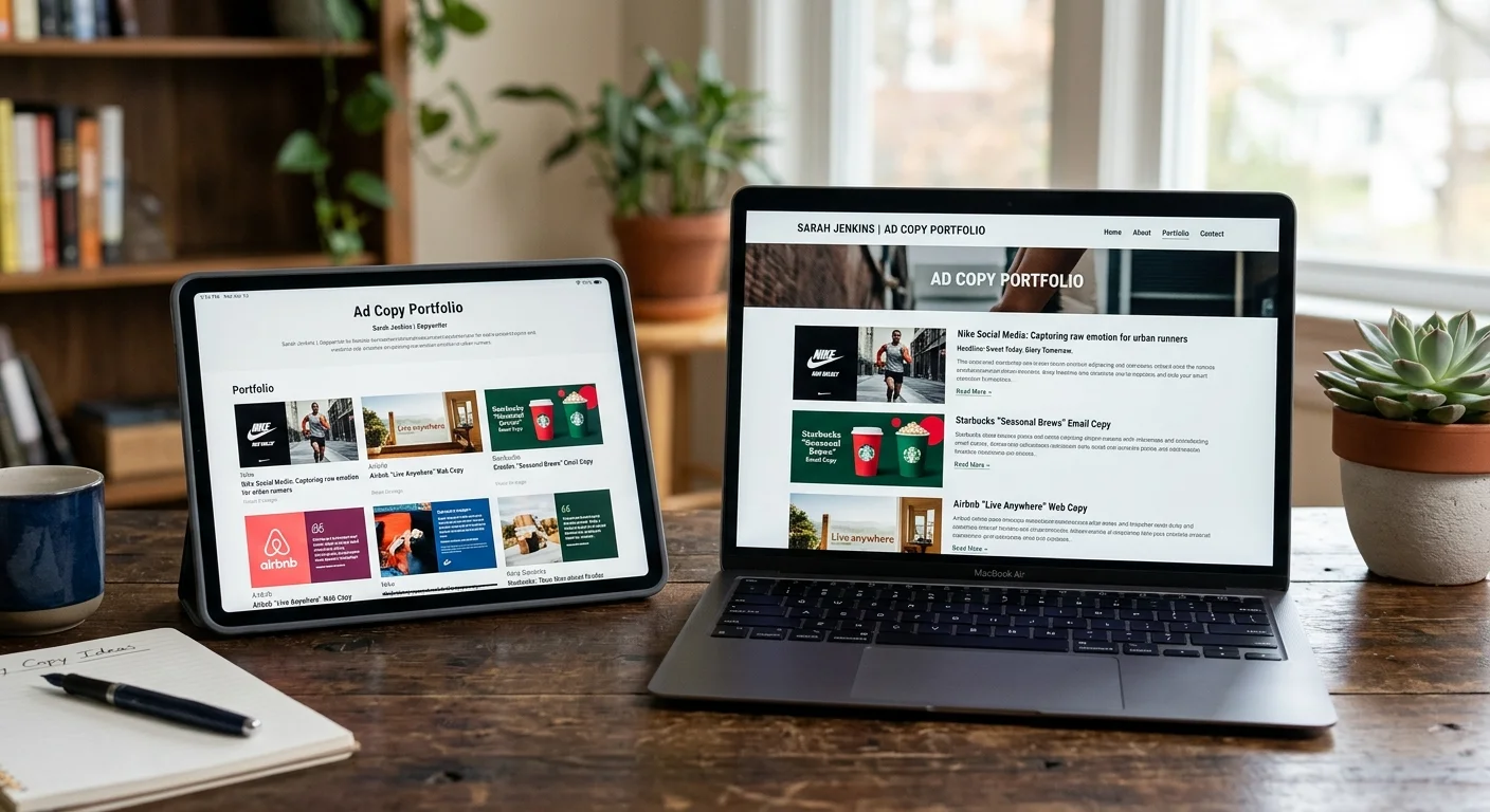 Digital portfolio showing spec ad copy samples for Google and Facebook campaigns